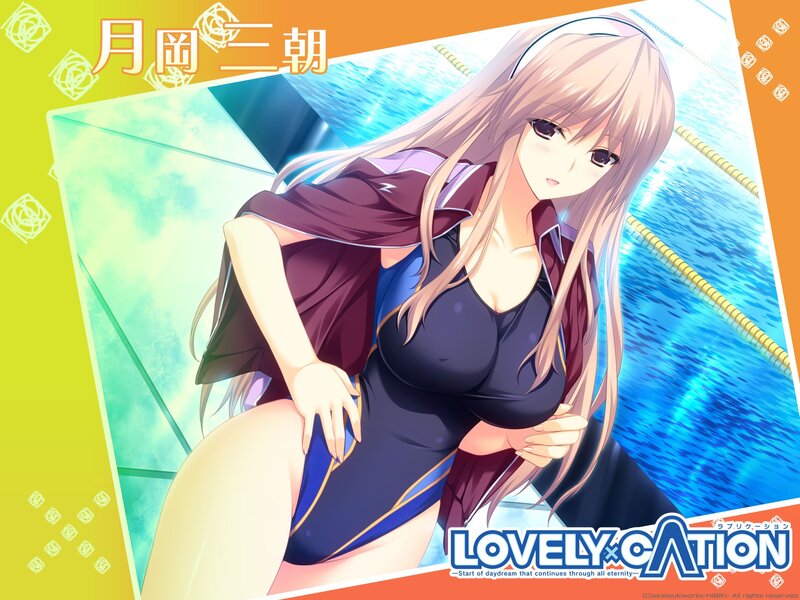 Anime girl in swimsuit by pool