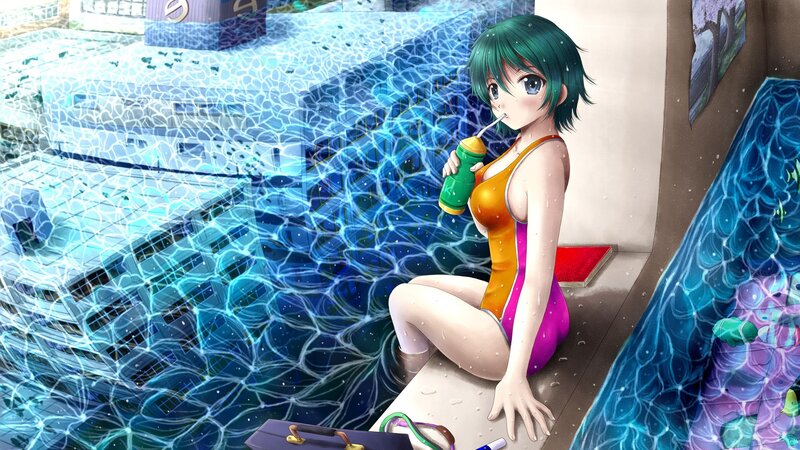 anime girl in swimsuit by pool