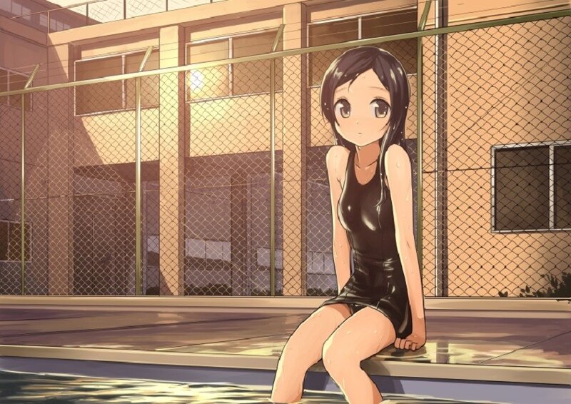 anime girl in swimsuit by pool