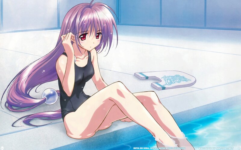 anime girl in swimsuit by pool