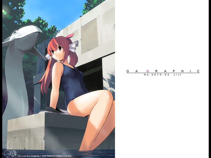anime girl in swimsuit by statue