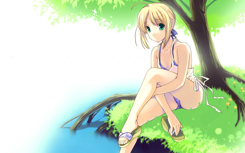 anime girl in swimsuit by tree