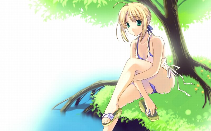 Anime girl in swimsuit by tree