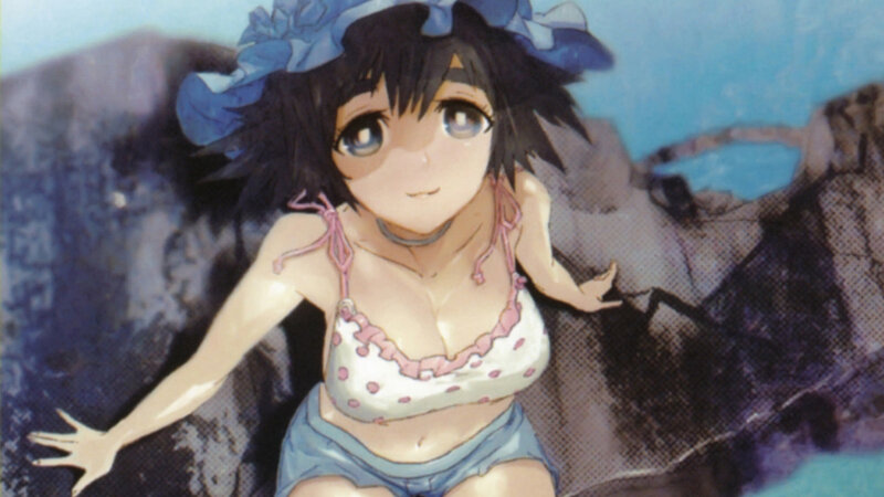 anime girl in swimsuit on rocks