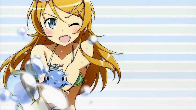 anime girl in swimsuit with dolphin