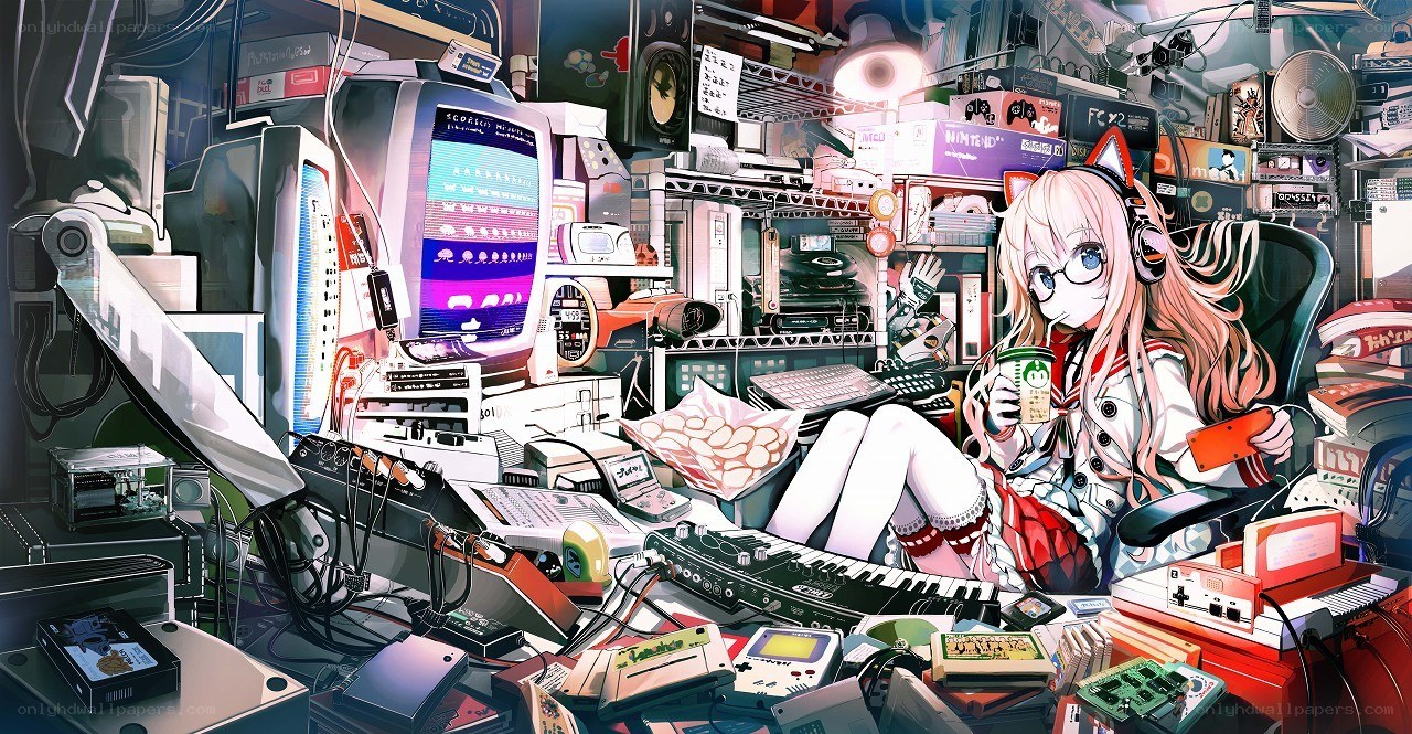 Anime girl in tech clutter