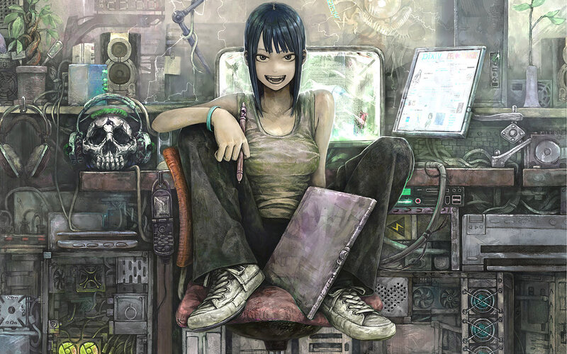 anime girl in tech workshop
