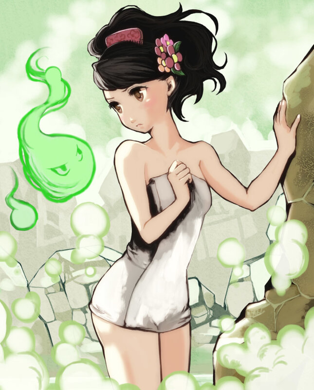 anime girl in towel with ghost