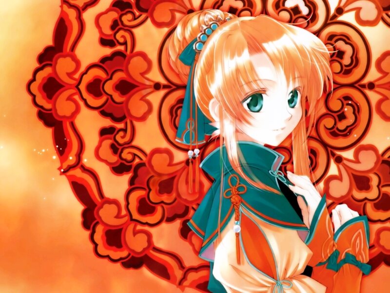 Anime Girl in Traditional Clothing — Orange, Calm