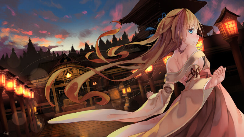 Anime Girl in Traditional Dress — Pink, Serene, Sunset