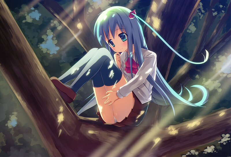 Anime Girl in Tree — Blue, Serene