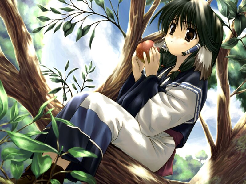 Anime Girl in Tree — Green, Serene