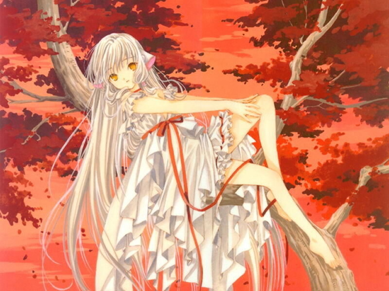 Anime Girl in Tree — Red, Serene, Autumn
