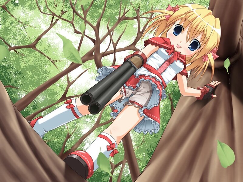 Anime girl in tree with gun
