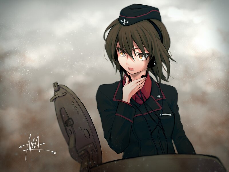 Anime Girl in Uniform — Black, Dramatic, Digital Art