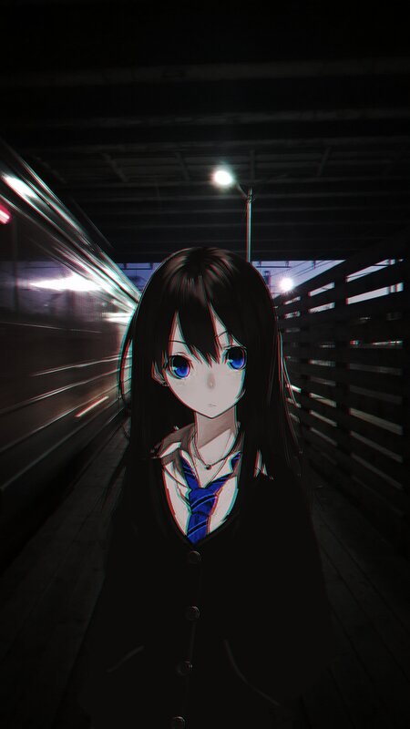 Anime Girl in Uniform — Black, Dramatic, Night, Digital Art
