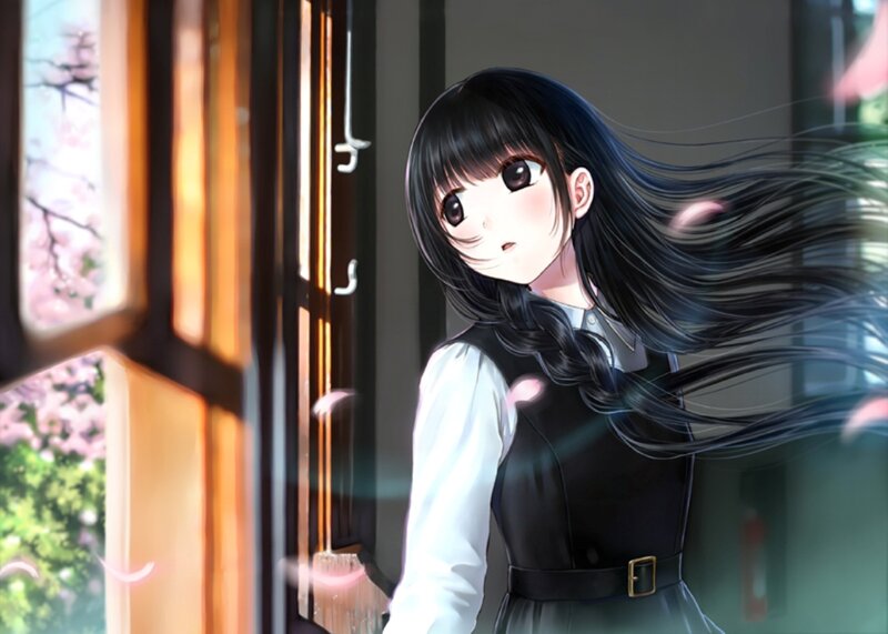 Anime Girl in Uniform — Black, Serene, Spring