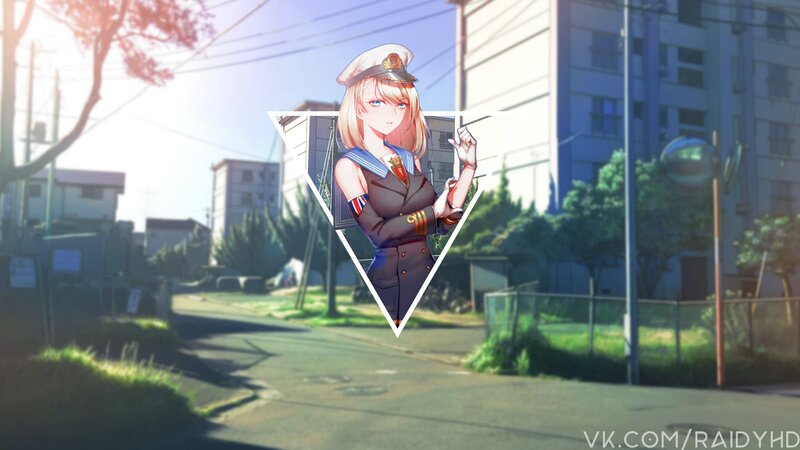 Anime Girl in Uniform — Blue, Calm, Afternoon, Digital Art, Hat