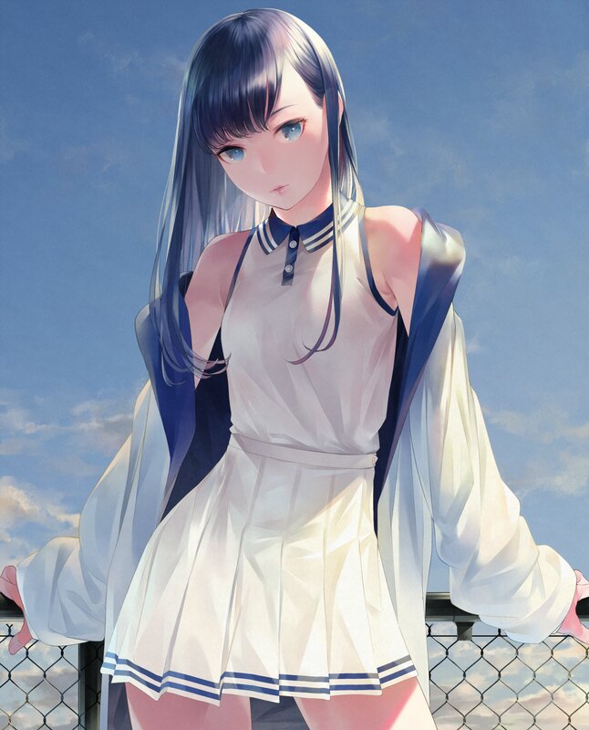 Anime Girl in Uniform — Blue, Calm, Afternoon, Digital Art, Sky