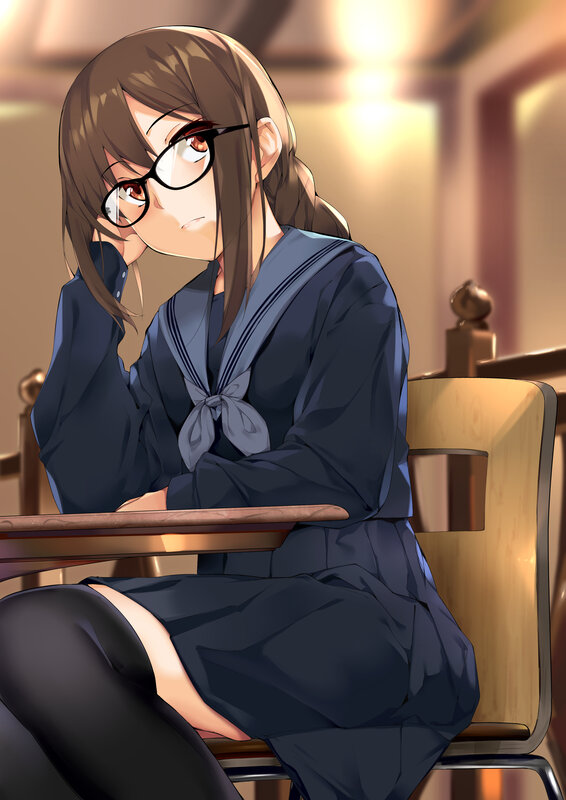 Anime Girl in Uniform — Blue, Calm, Digital Art, Glasses