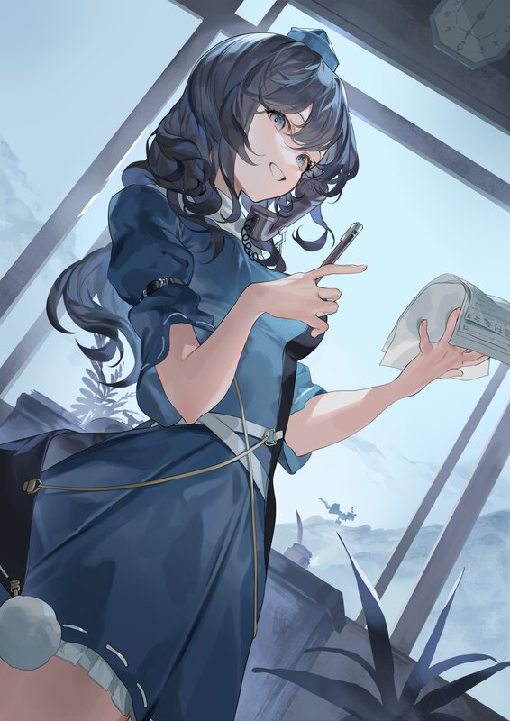 Anime Girl in Uniform — Blue, Calm, Digital Art, Telephone
