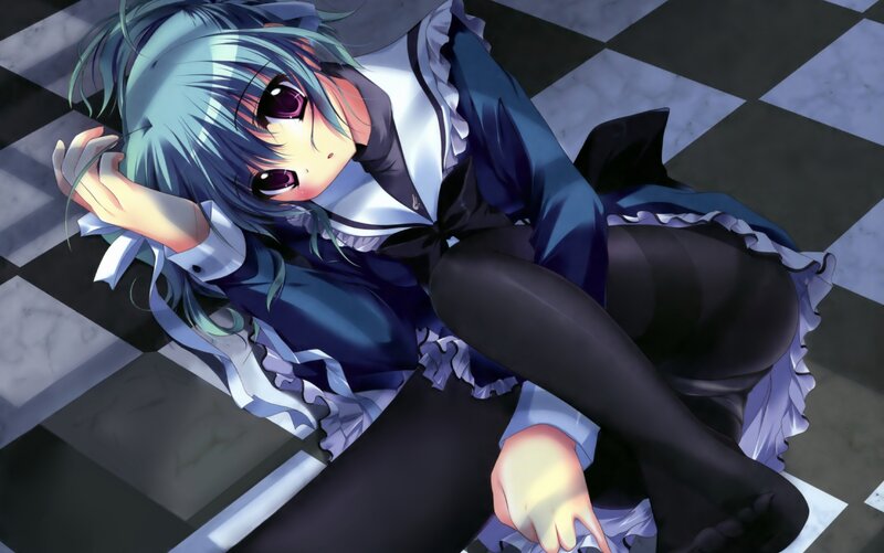 Anime Girl in Uniform — Blue, Dramatic, Checkered Floor