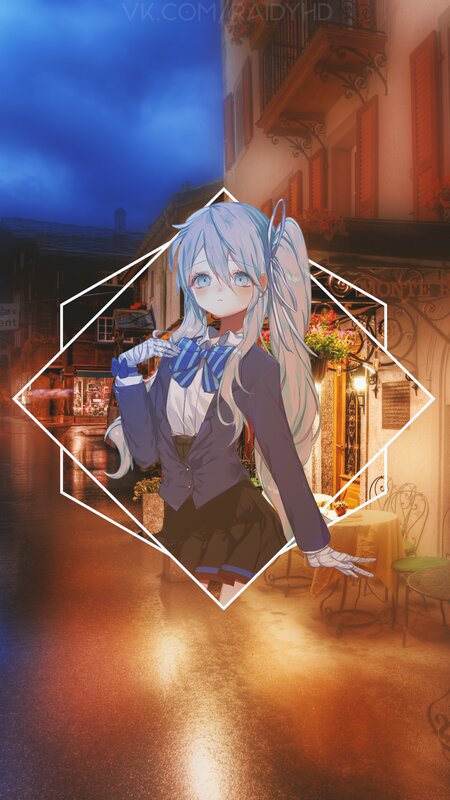 Anime Girl in Uniform — Blue, Dramatic, Night, Digital Art, Street