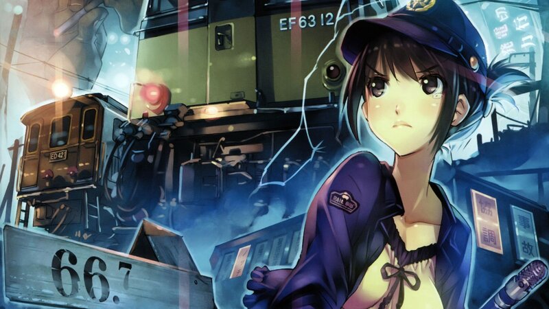 Anime Girl in Uniform — Blue, Dramatic, Night, Train