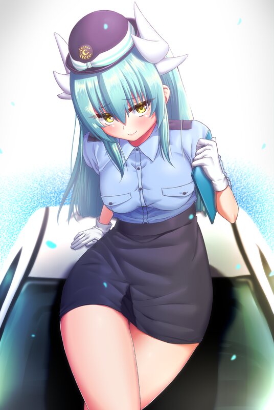 Anime Girl in Uniform — Blue, Playful, Hat