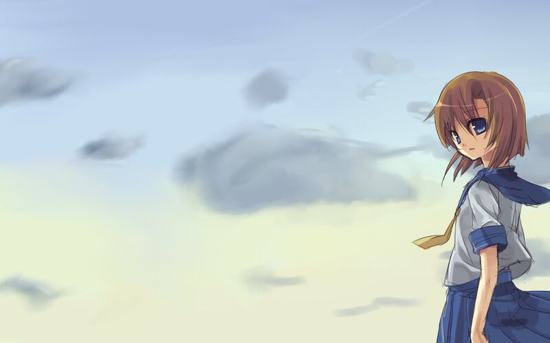 Anime Girl in Uniform — Blue, Serene, Afternoon, Clouds, Sky, School Uniform