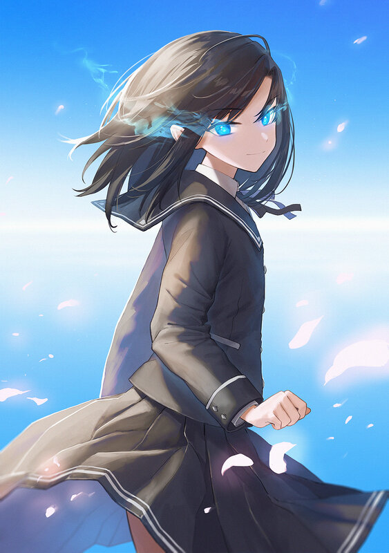 Anime Girl in Uniform — Blue, Serene, Afternoon, Digital Art, School Uniform