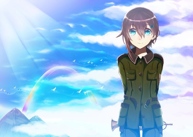Anime Girl in Uniform — Blue, Serene, Morning, Rainbow, Clouds