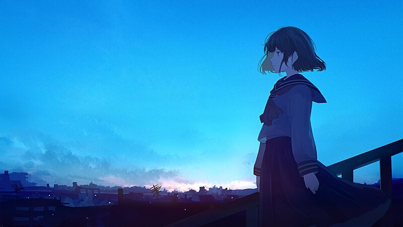 Anime Girl in Uniform — Blue, Serene, Sunset, City Skyline