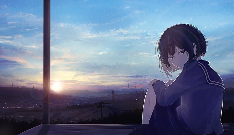 Anime Girl in Uniform — Blue, Serene, Sunset, Digital Art, Cityscape