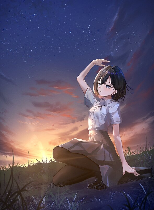 Anime Girl in Uniform — Blue, Serene, Sunset, Digital Art, Grass
