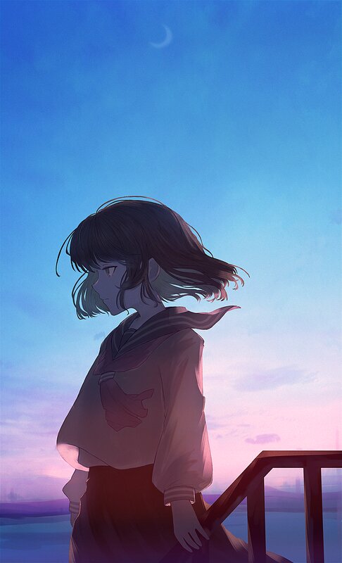 Anime Girl in Uniform — Blue, Serene, Sunset, Digital Art, Moon
