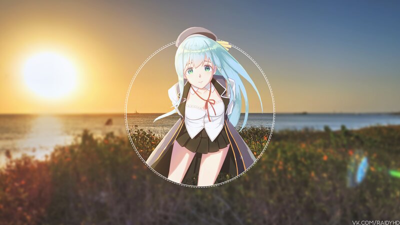 Anime Girl in Uniform — Blue, Serene, Sunset, Ocean, Flowers