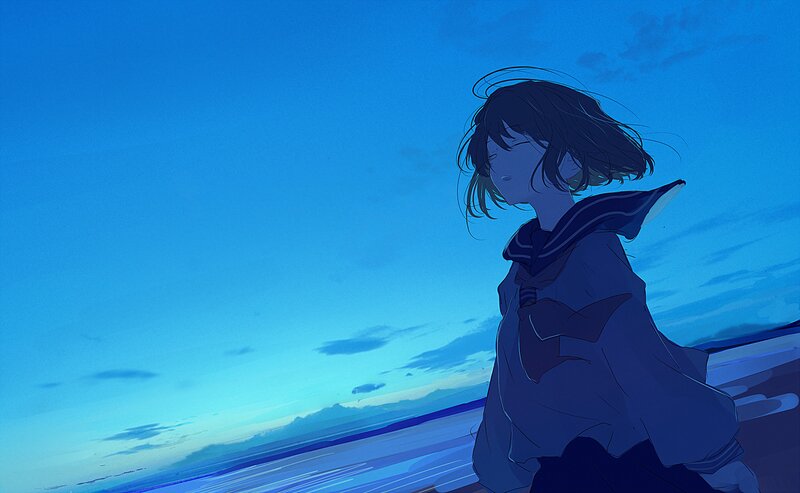 Anime Girl in Uniform — Blue, Serene, Sunset, Sky, Hair