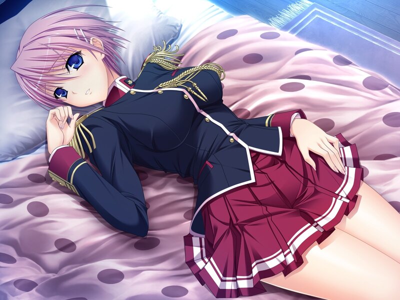 anime girl in uniform on bed