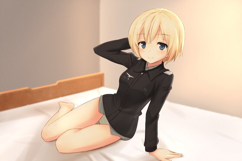 anime girl in uniform on bed