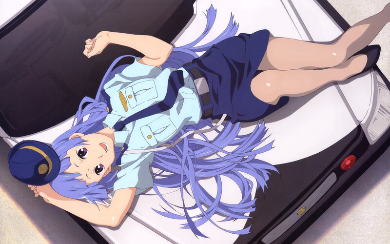 anime girl in uniform on car