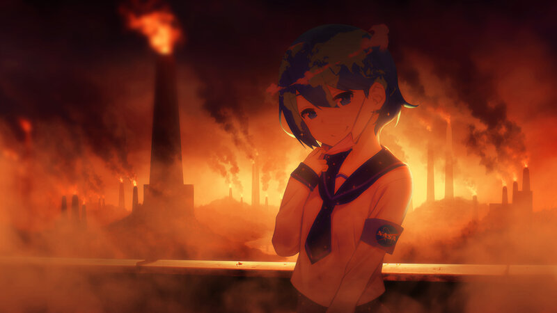 Anime Girl in Uniform — Orange, Dramatic, Night, Digital Art