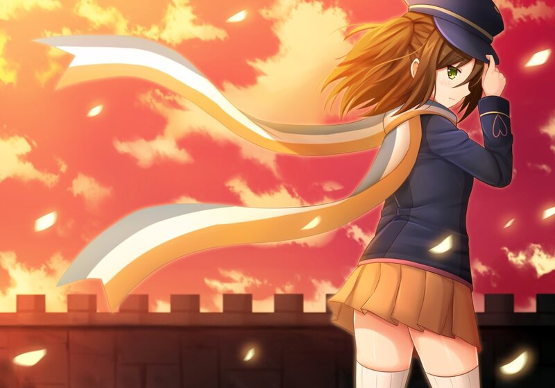 Anime Girl in Uniform — Orange, Dramatic, Sunset, Scarf