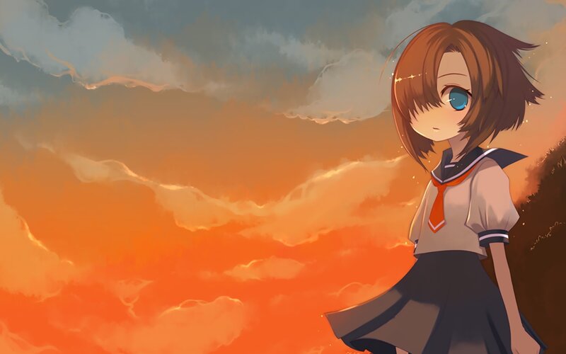 Anime Girl in Uniform — Orange, Dramatic, Sunset, Sky