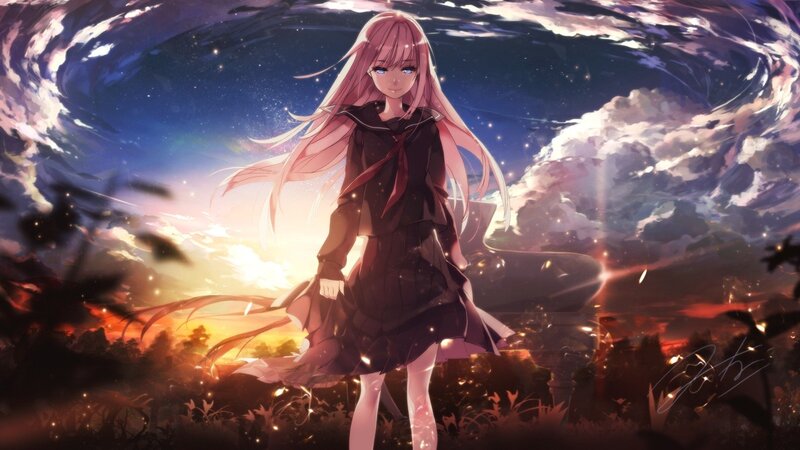 Anime Girl in Uniform — Pink, Dramatic, Sunset