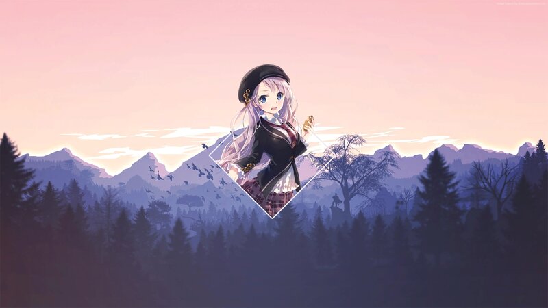 Anime Girl in Uniform — Pink, Serene, Sunset, Digital Art