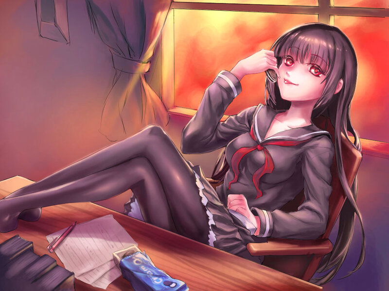 Anime Girl in Uniform — Purple, Dramatic, Sunset, Digital Art