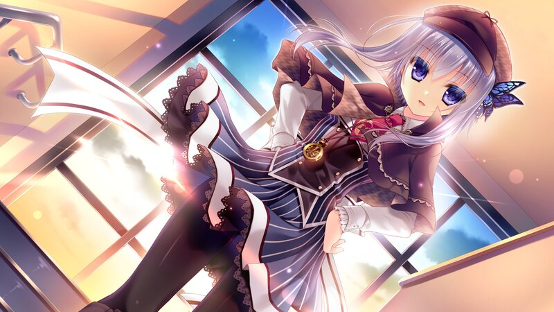 Anime Girl in Uniform — Purple, Dramatic, Sunset, Hat, Window