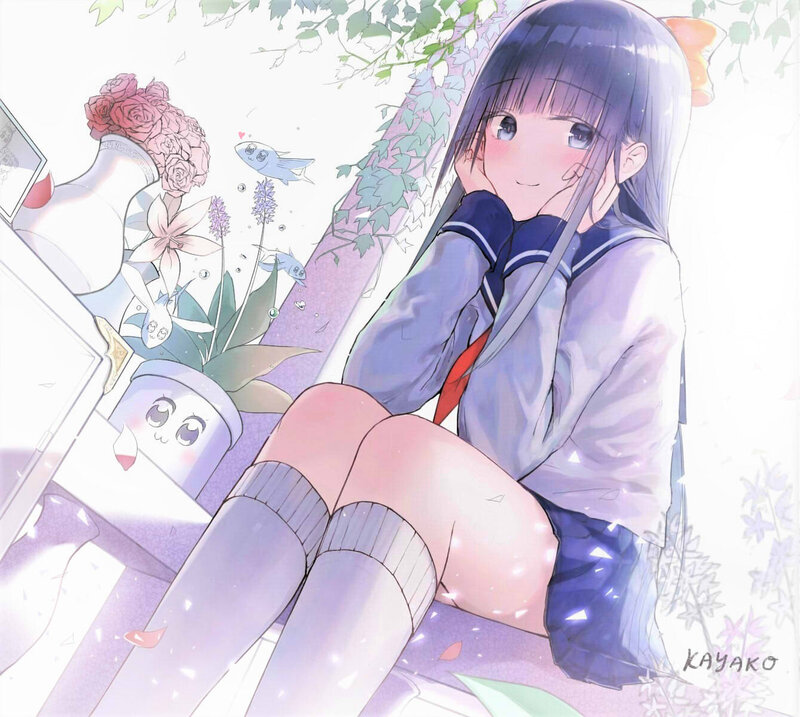 Anime Girl in Uniform — Purple, Serene, Spring, Digital Art, Flowers