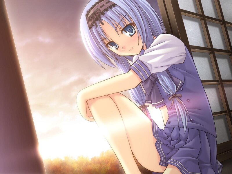 Anime Girl in Uniform — Purple, Serene, Sunset, Window
